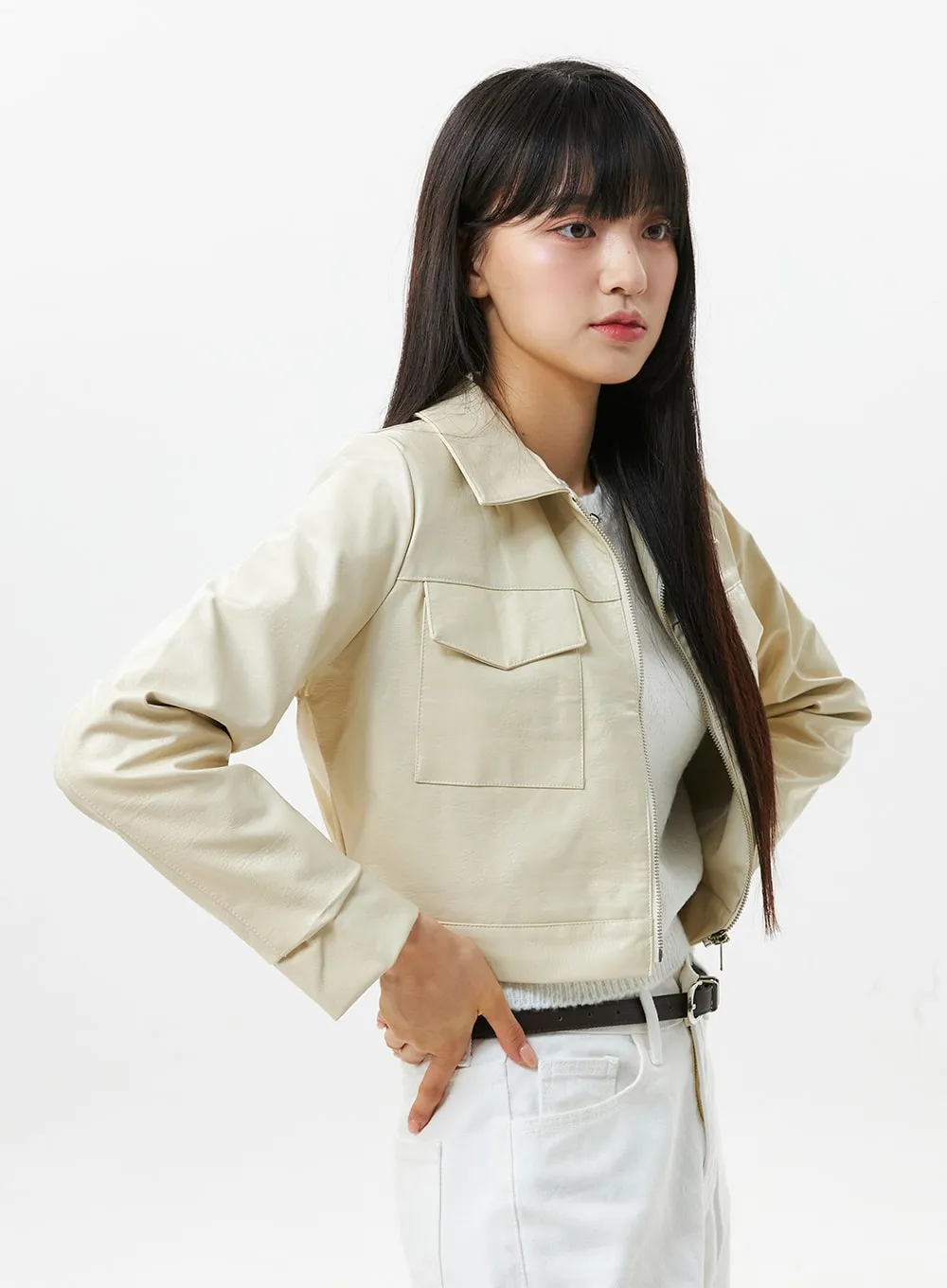 Faux Leather Collar Jacket OS305