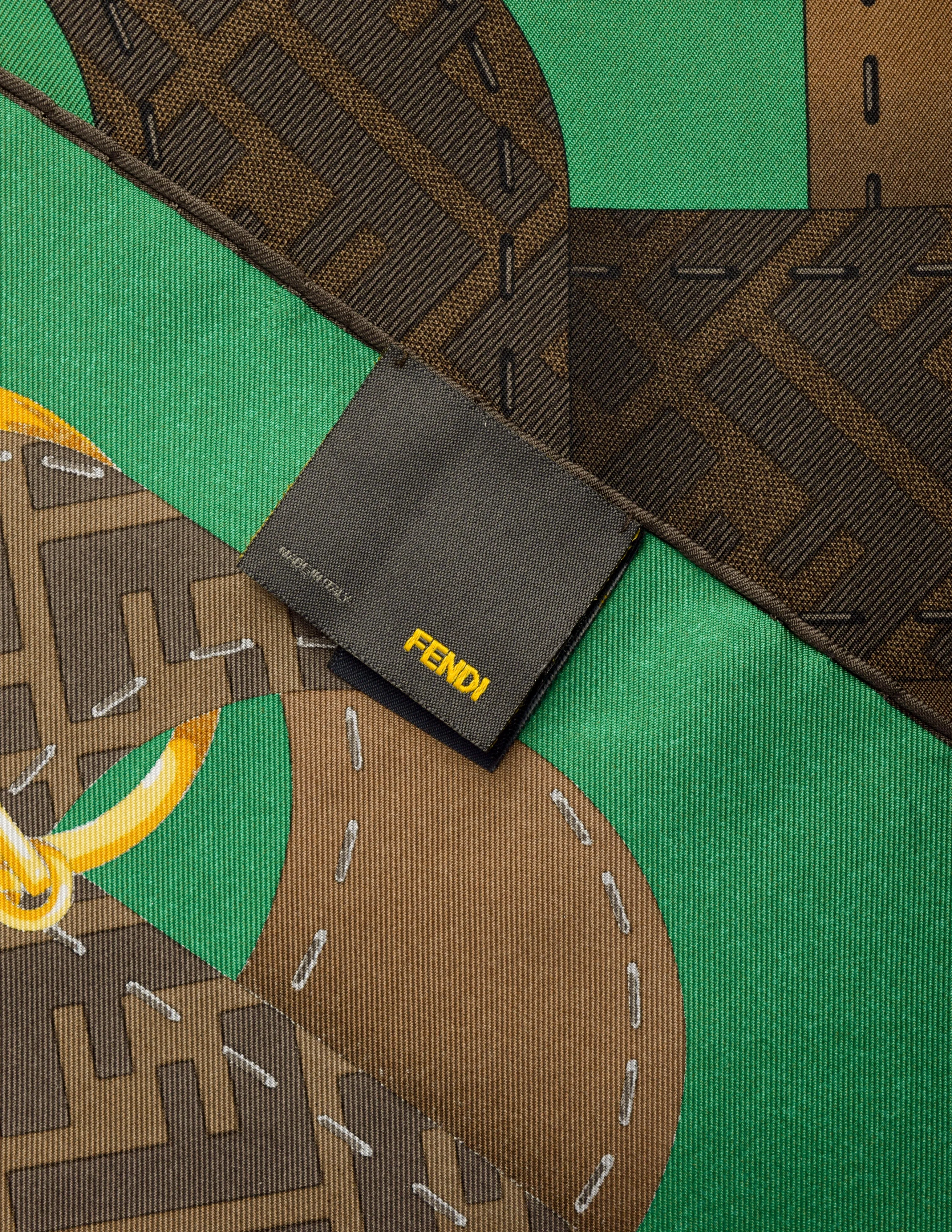 Fendi Vintage Brown Green Zucca Trompe L'oeil Print Silk Scarf