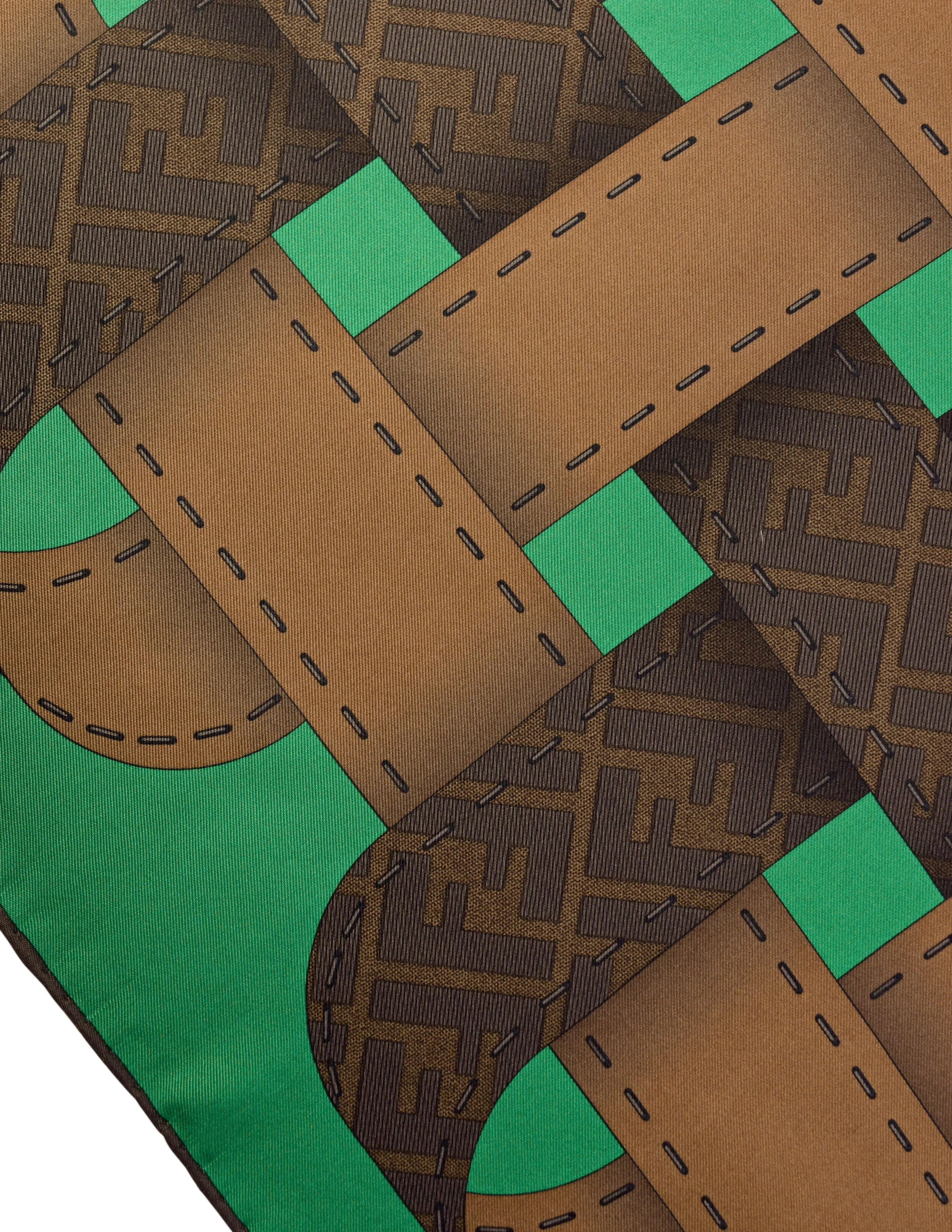 Fendi Vintage Brown Green Zucca Trompe L'oeil Print Silk Scarf