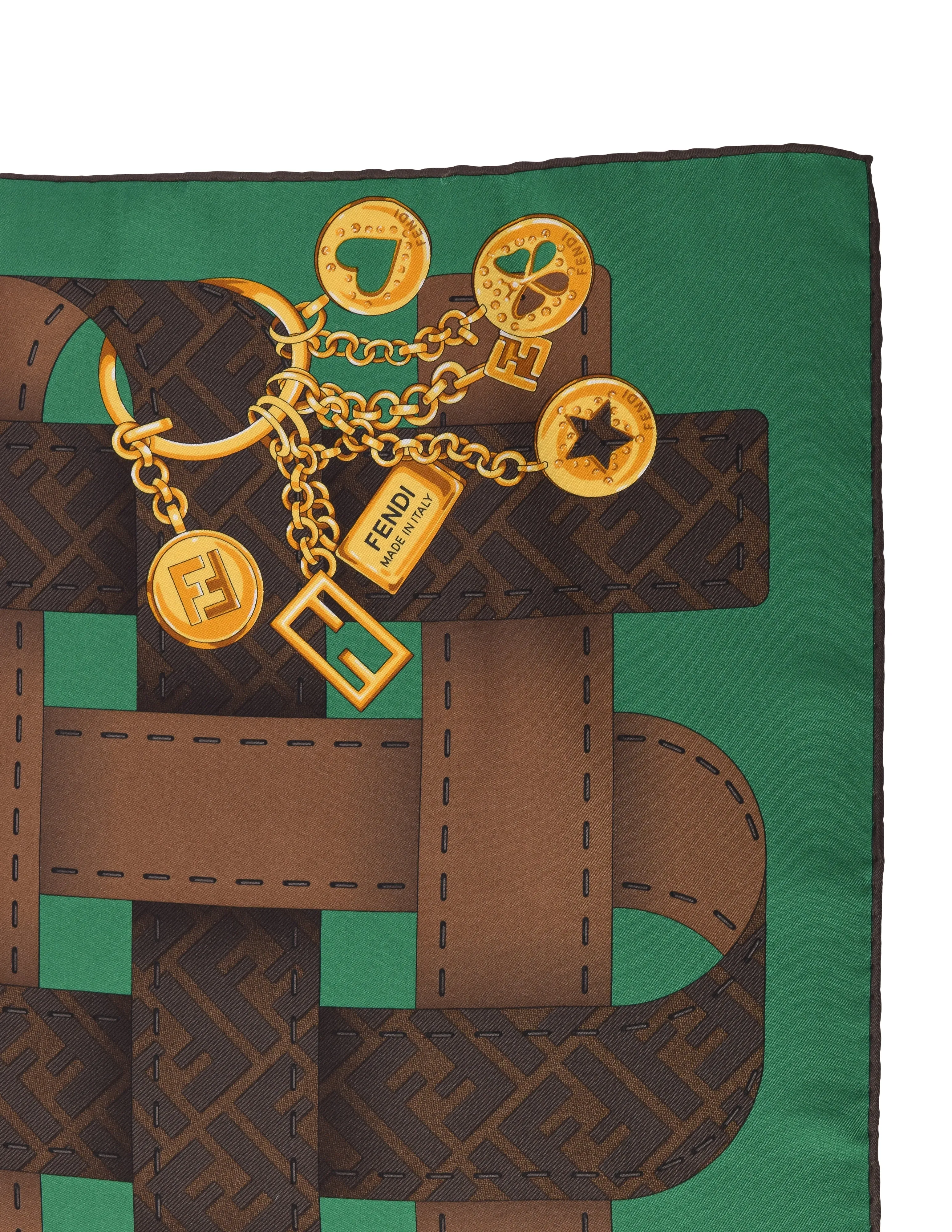 Fendi Vintage Brown Green Zucca Trompe L'oeil Print Silk Scarf