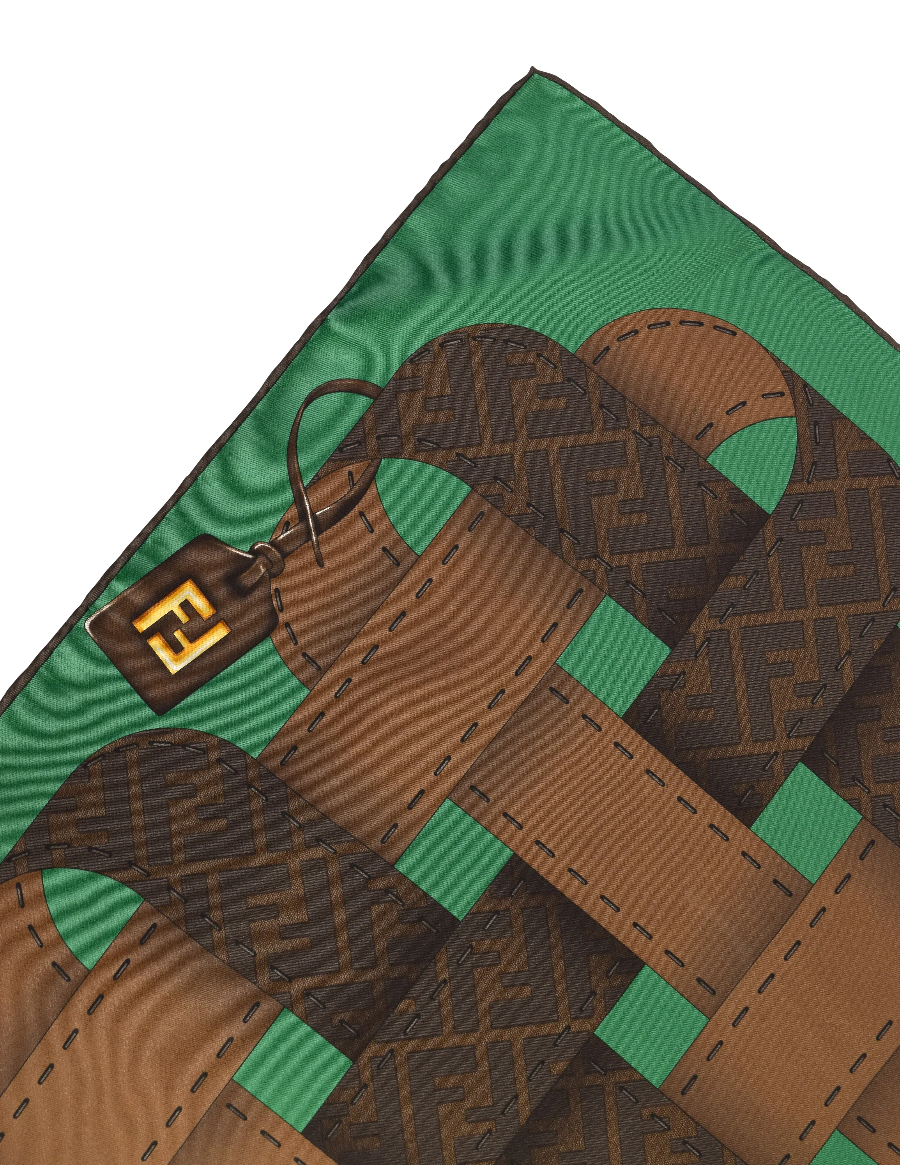 Fendi Vintage Brown Green Zucca Trompe L'oeil Print Silk Scarf