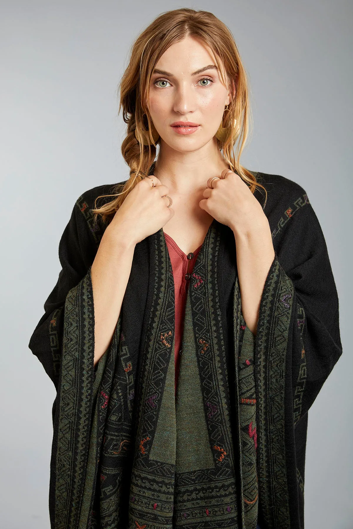 Kilim Reversible Embroidered Baby Alpaca Poncho - Women's Ruana Wrap