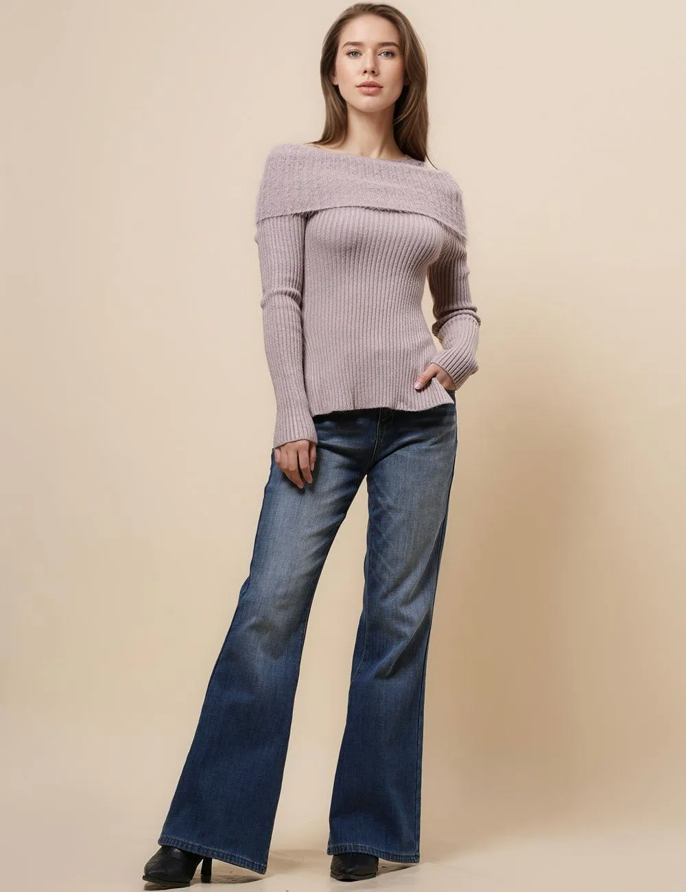 Ladies Folder Off Shoulder Faux Mink Pullover Sweater SKT4883