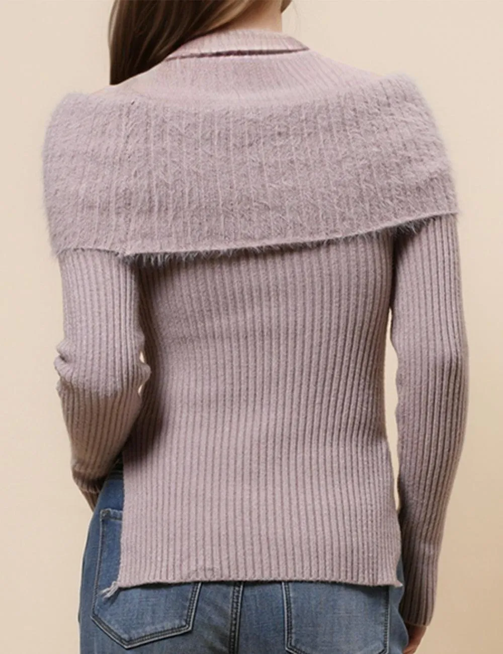 Ladies Folder Off Shoulder Faux Mink Pullover Sweater SKT4883
