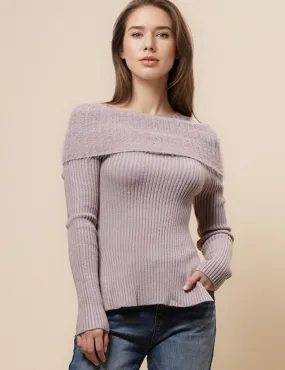 Ladies Folder Off Shoulder Faux Mink Pullover Sweater SKT4883