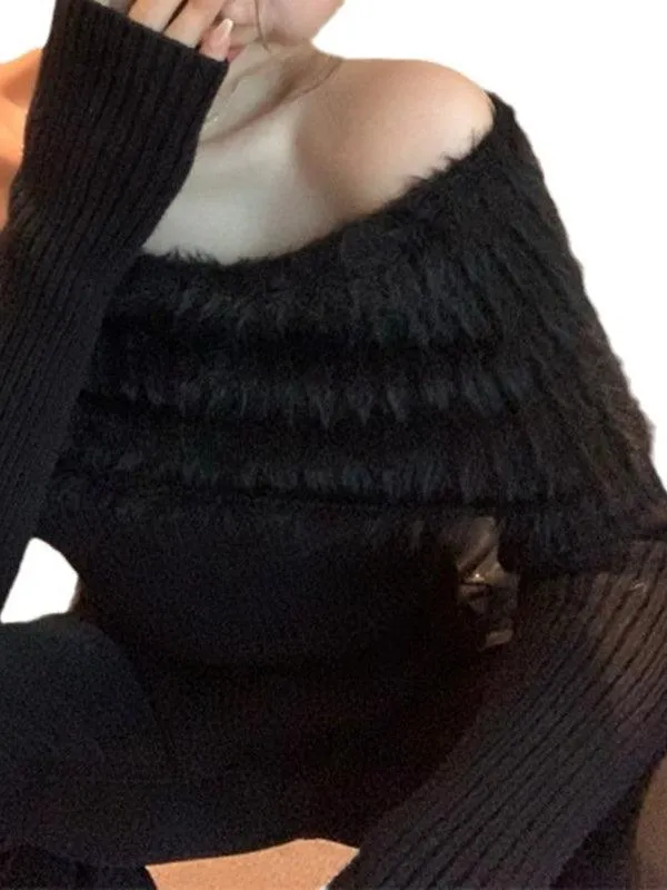 Ladies Folder Off Shoulder Faux Mink Pullover Sweater SKT4883