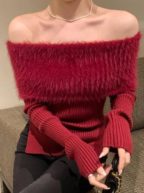 Ladies Folder Off Shoulder Faux Mink Pullover Sweater SKT4883