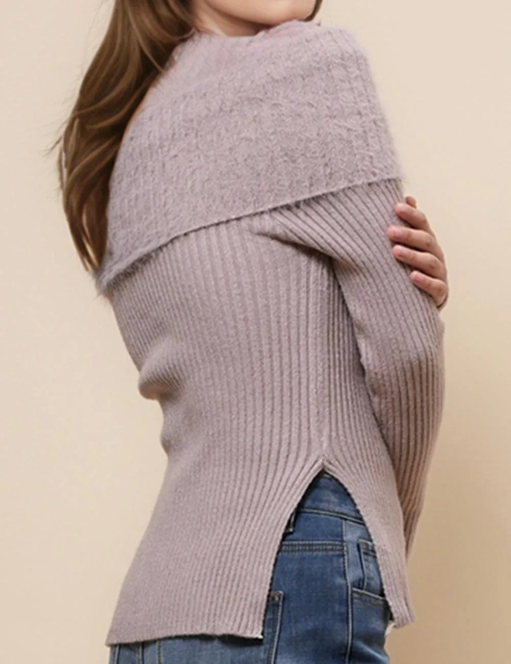 Ladies Folder Off Shoulder Faux Mink Pullover Sweater SKT4883