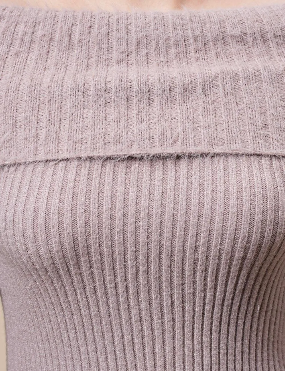 Ladies Folder Off Shoulder Faux Mink Pullover Sweater SKT4883