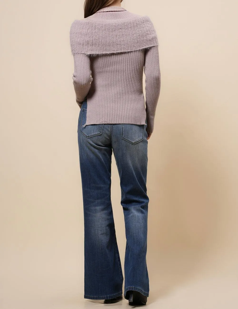 Ladies Folder Off Shoulder Faux Mink Pullover Sweater SKT4883